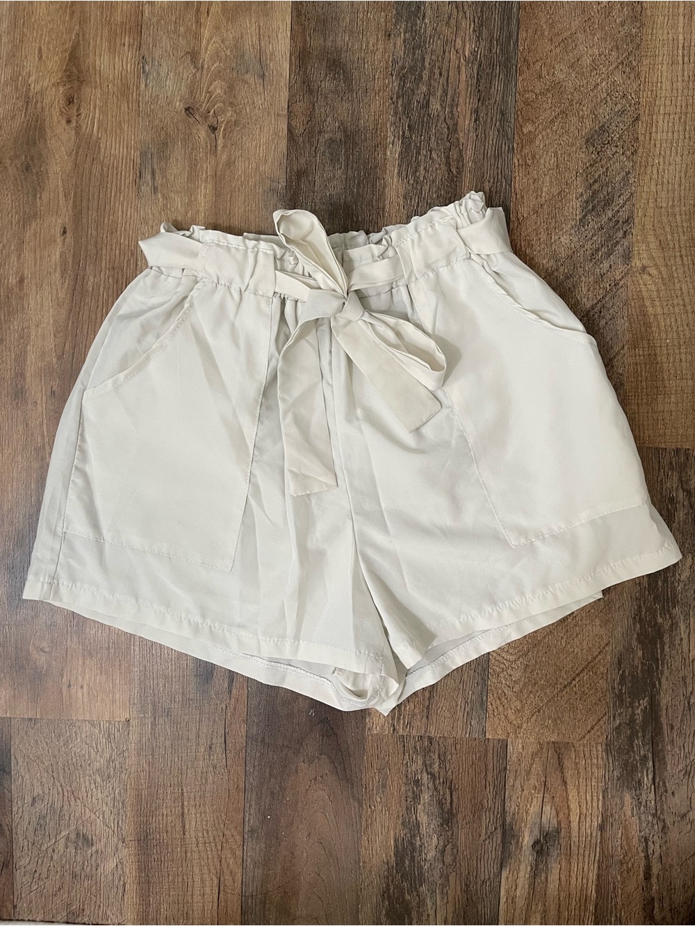 Source Unknown High-Waist Paperbag Tie Shorts — Cream